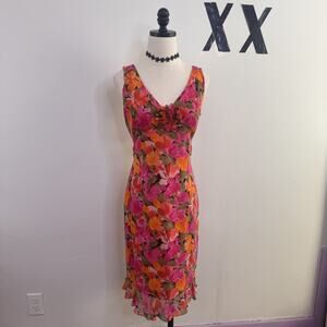 Vintage Maggy London Silk Chiffon Vivid Floral Flared Tea Length Midi Dress 6